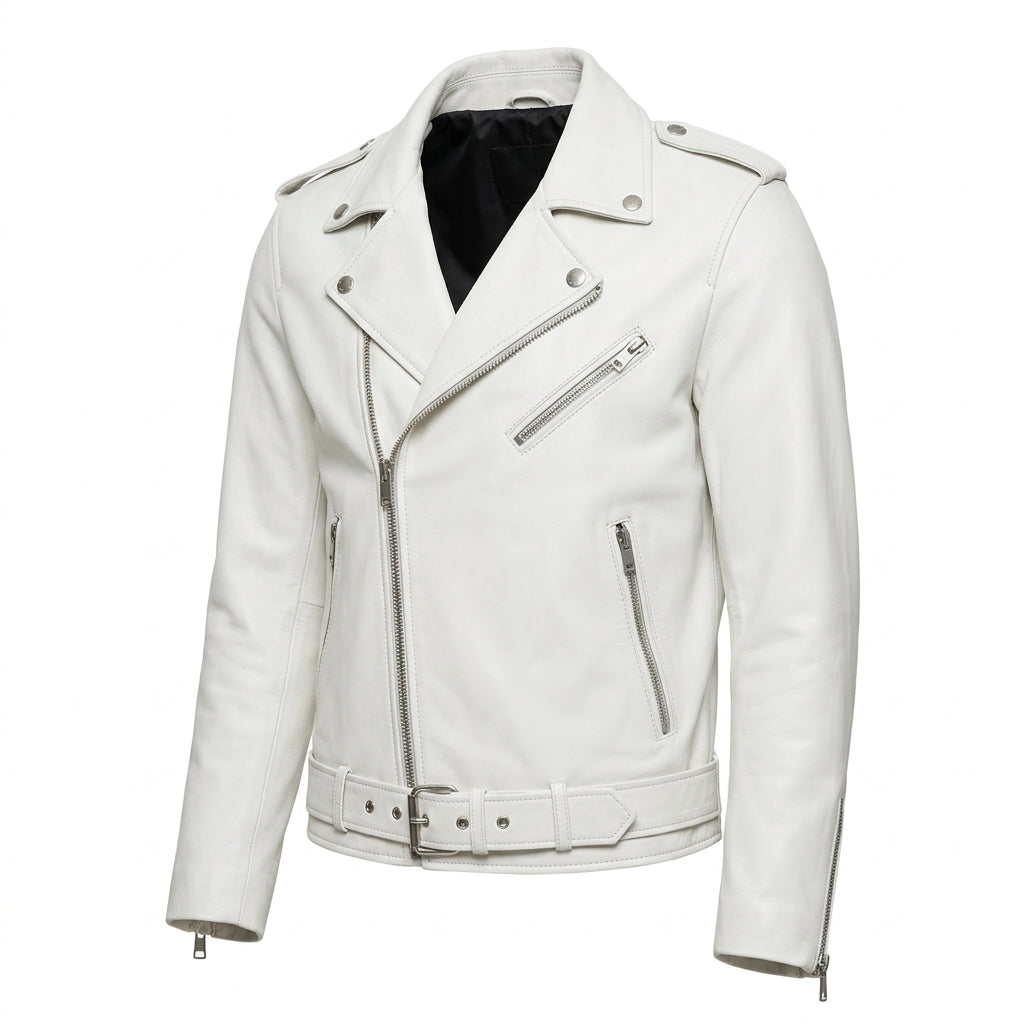Men’s Apex White Leather Biker Jacket