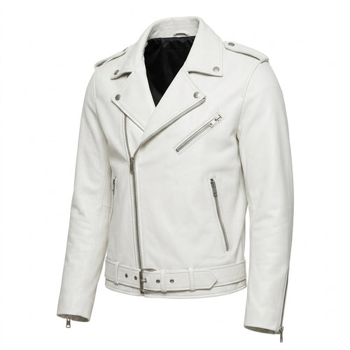 Men’s Apex White Leather Biker Jacket