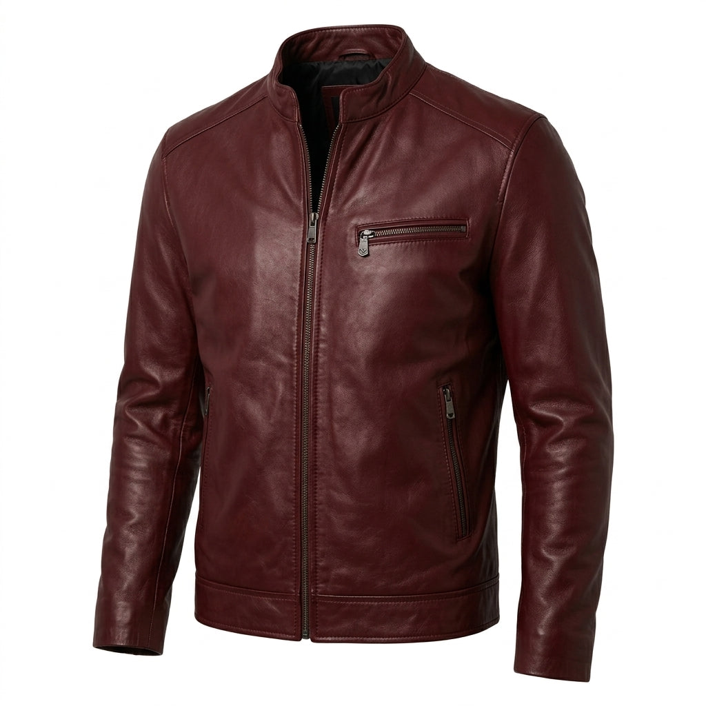 Men’s Crimson Maroon Leather Cafe Racer Jacket