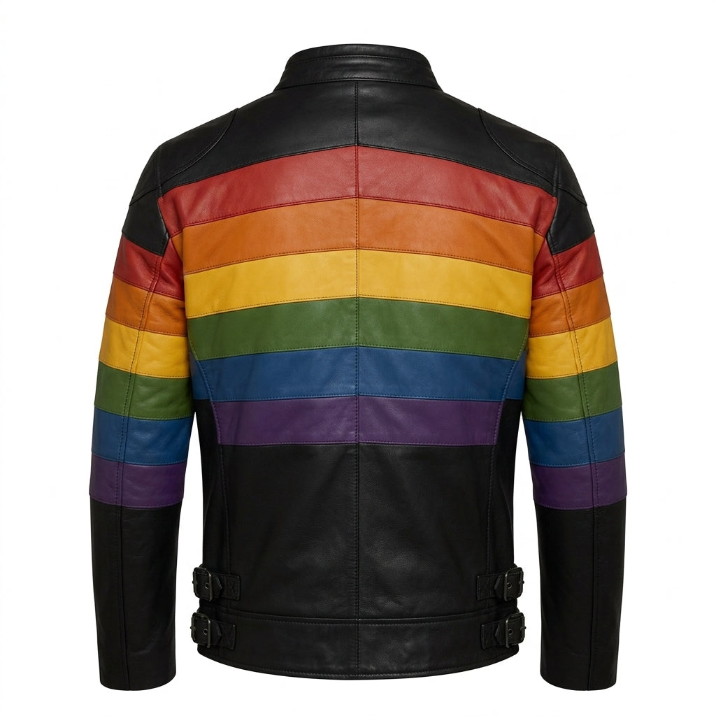 Men’s Rainbow Stripe Genuine Leather Biker Jacket