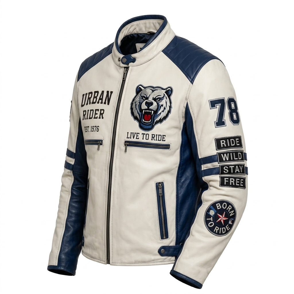 Men’s Polar White Sheepskin Leather Biker Jacket