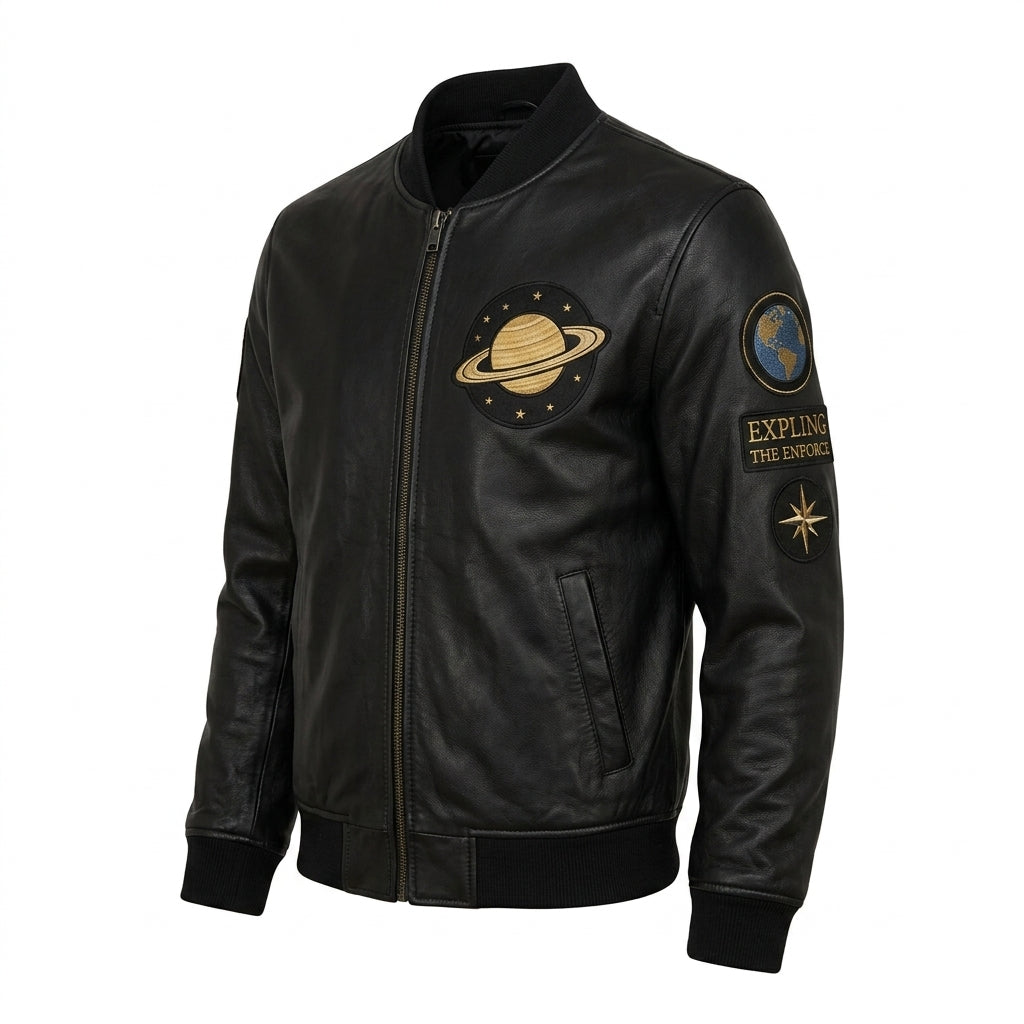 Men’s Cosmic Black Sheepskin Leather Bomber Jacket