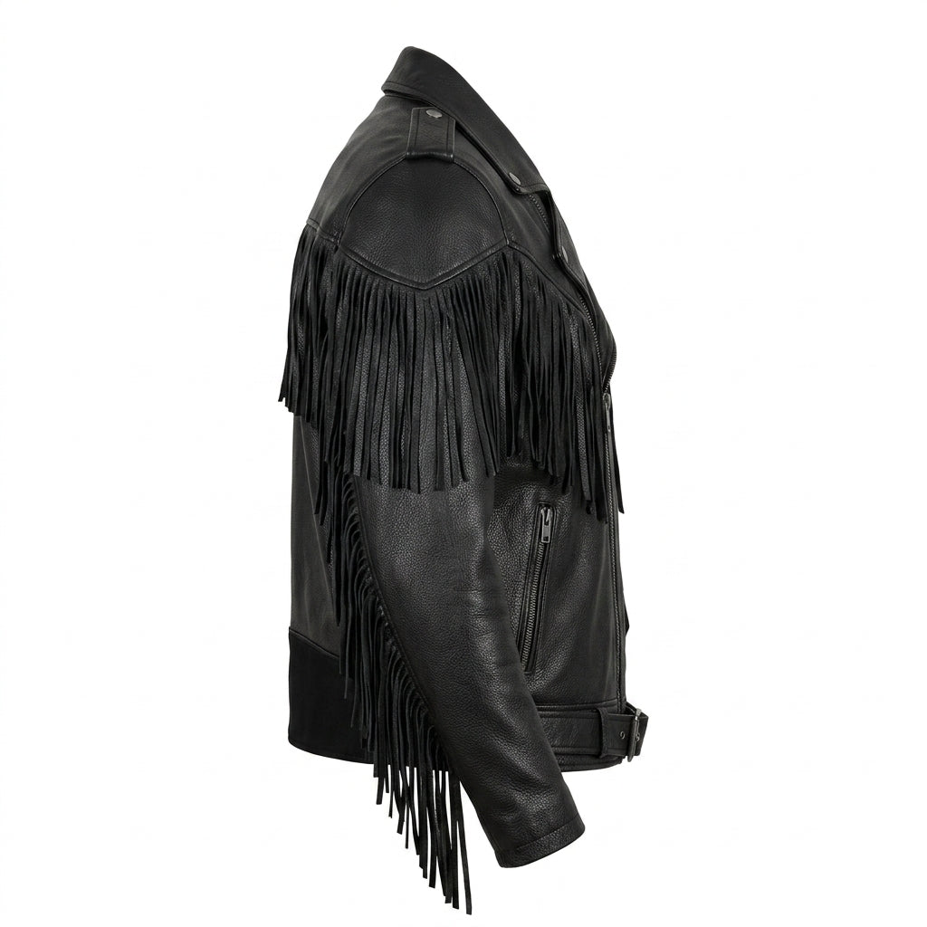 Men’s Outlaw Black Leather Fringe Biker Jacket