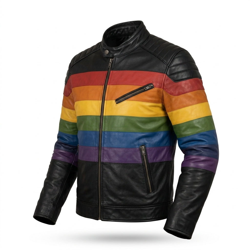 Men’s Rainbow Stripe Genuine Leather Biker Jacket