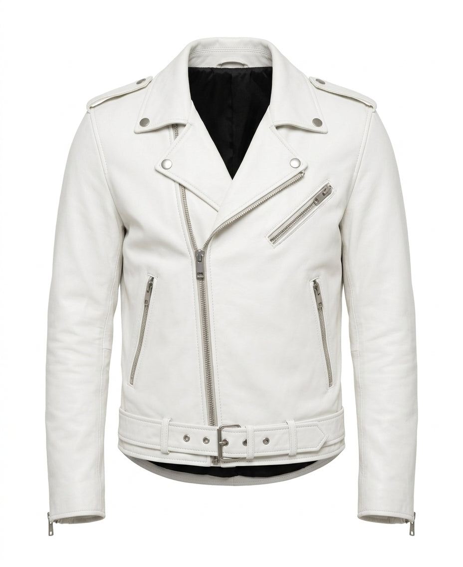 Men’s Apex White Leather Biker Jacket