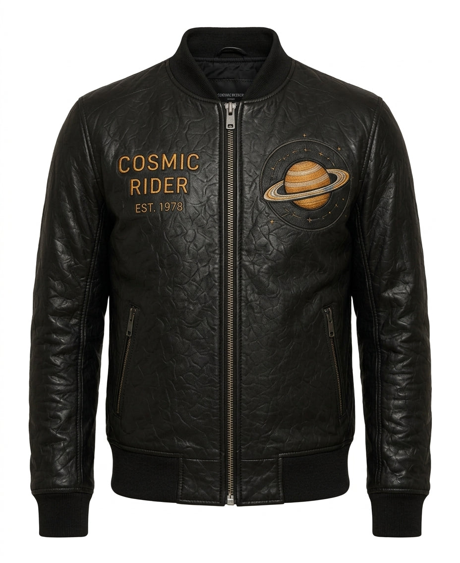 Men’s Cosmic Black Sheepskin Leather Bomber Jacket