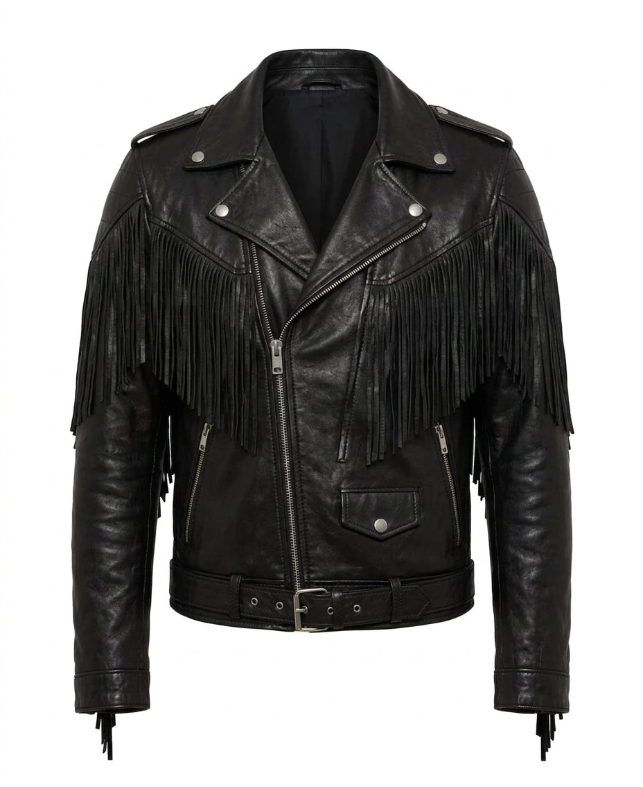 Men’s Outlaw Black Leather Fringe Biker Jacket