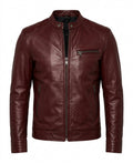 Men’s Crimson Maroon Leather Cafe Racer Jacket