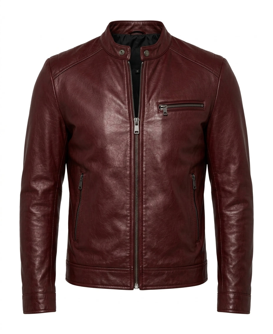 Men’s Crimson Maroon Leather Cafe Racer Jacket