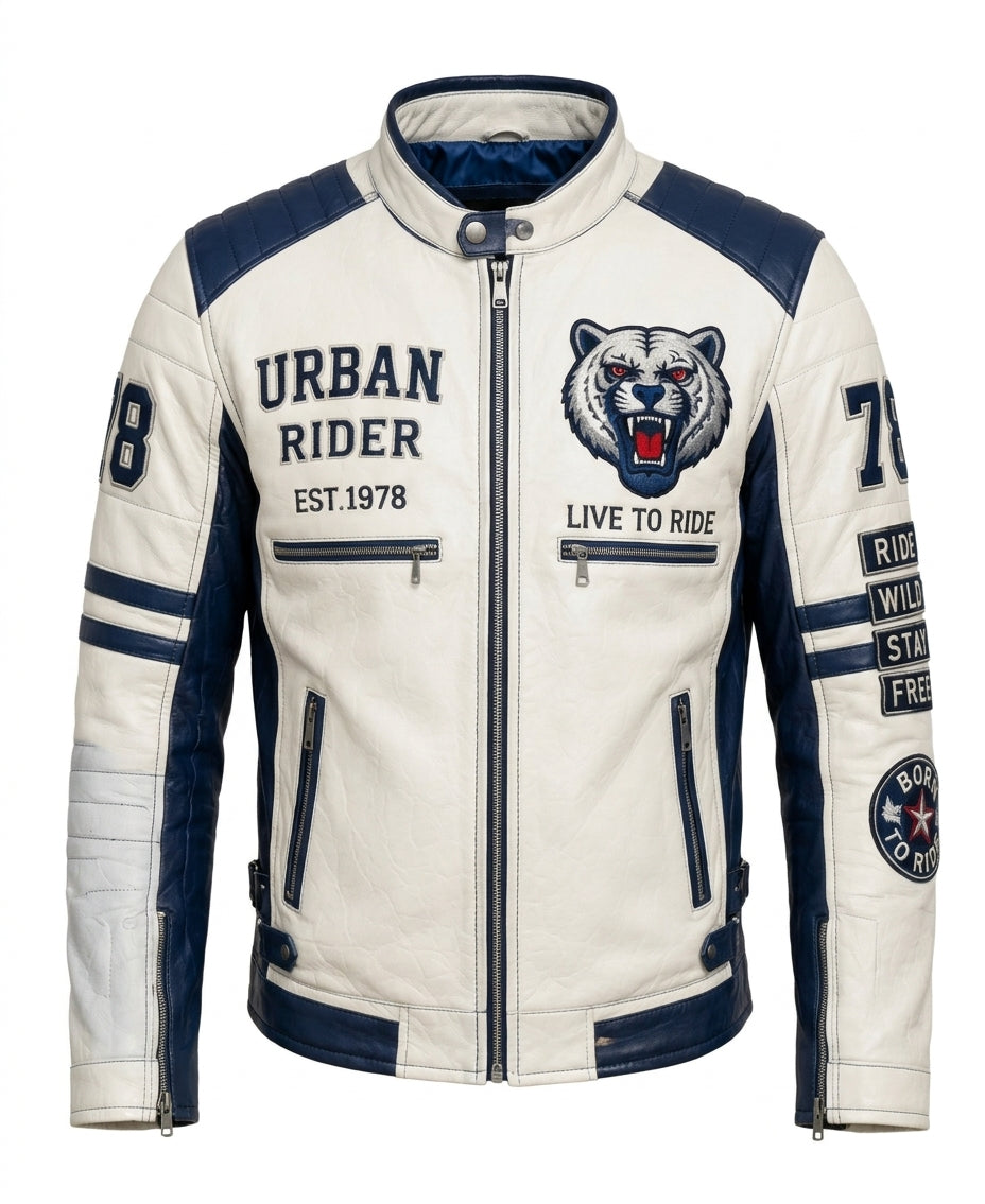 Men’s Polar White Sheepskin Leather Biker Jacket