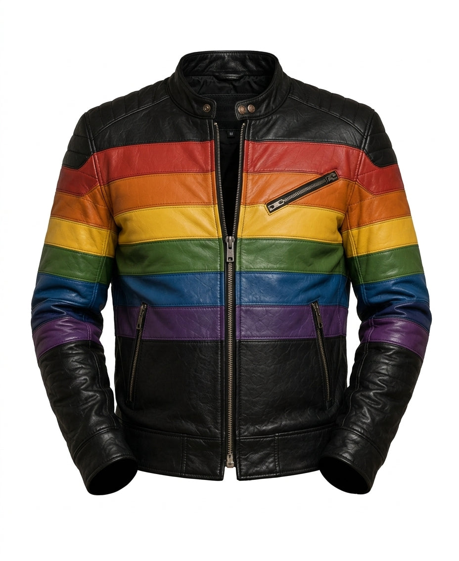 Men’s Rainbow Stripe Genuine Leather Biker Jacket